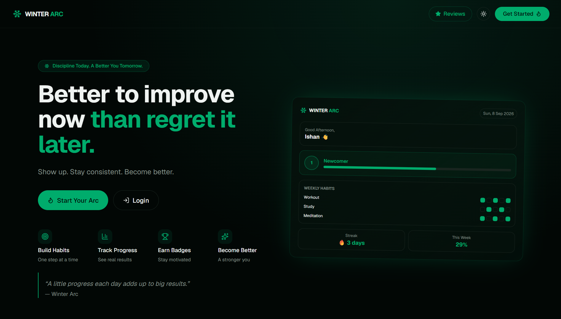 Winter Arc landing page and dashboard